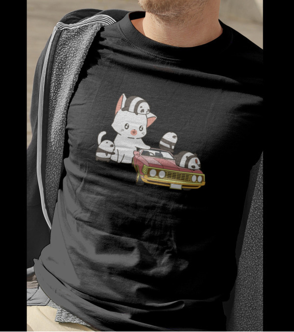 Kawaii Giant Cat And Small Pandas With Pink Car Playful Adventure T-Shirt