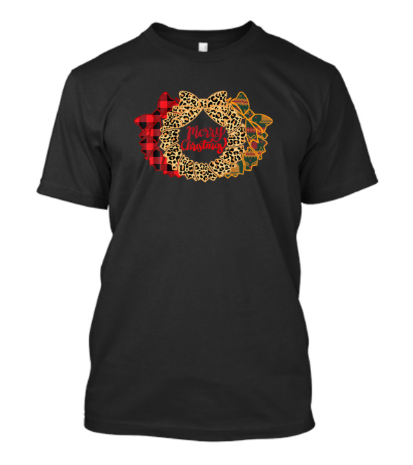 Merry Christmas Wreath Red Plaid Leopard Print T-Shirt