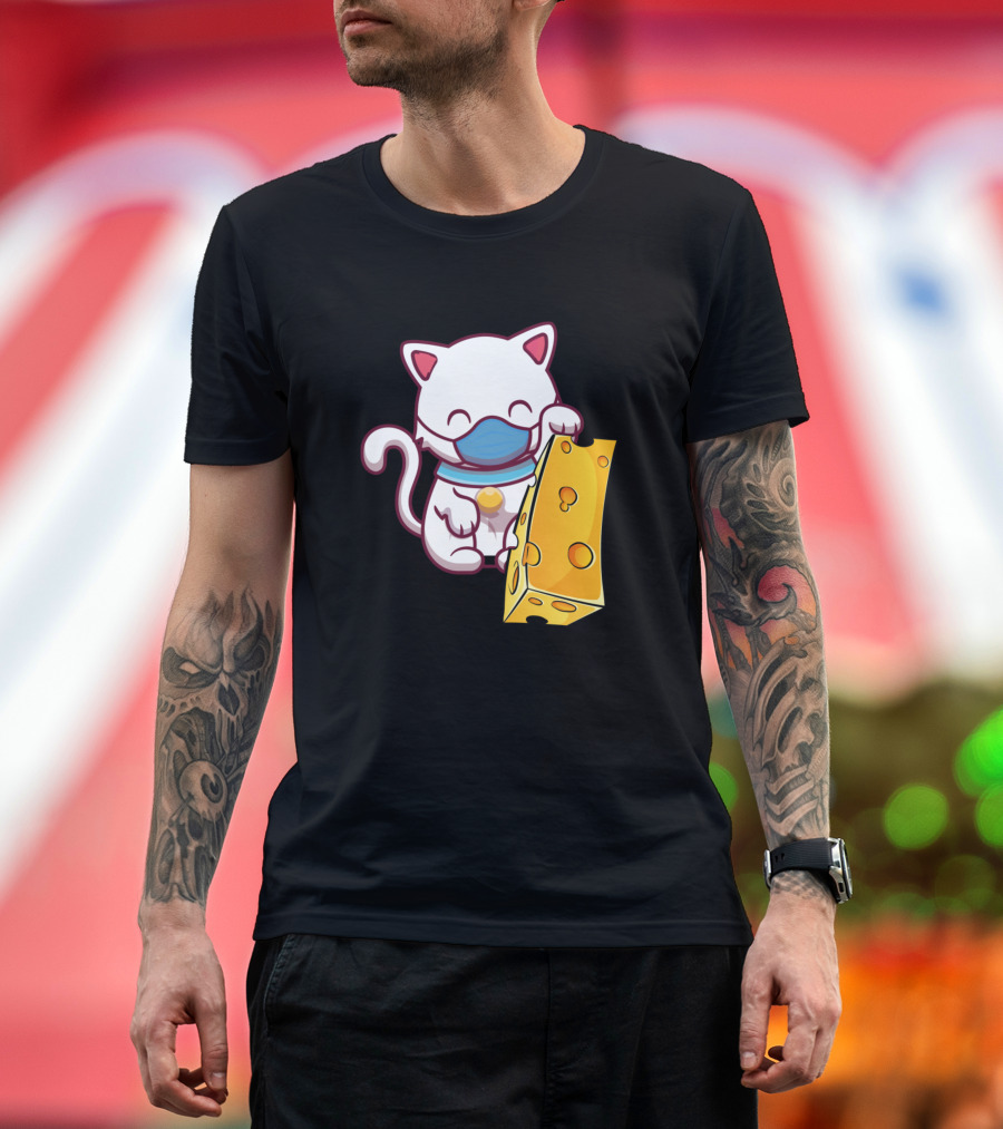 My Cat Loves Cheese Masked Cat Cartoon Holding Cheese T-Shirt