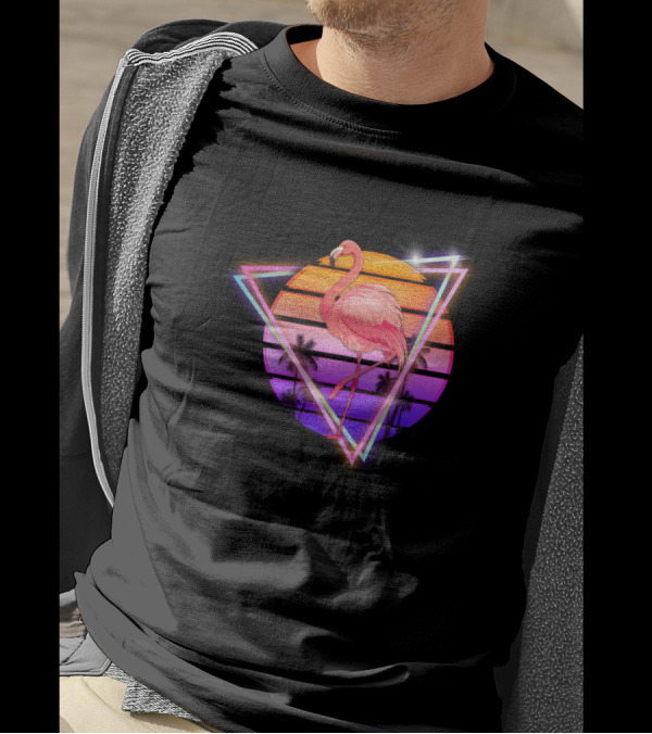 Synthwave Flamingo Sunset Neon Triangle Tropical Vibes T-Shirt