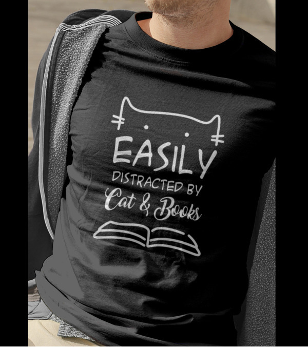 Easily Distracted By Cat And Books Sketch With Cat Face And Open Book T-Shirt