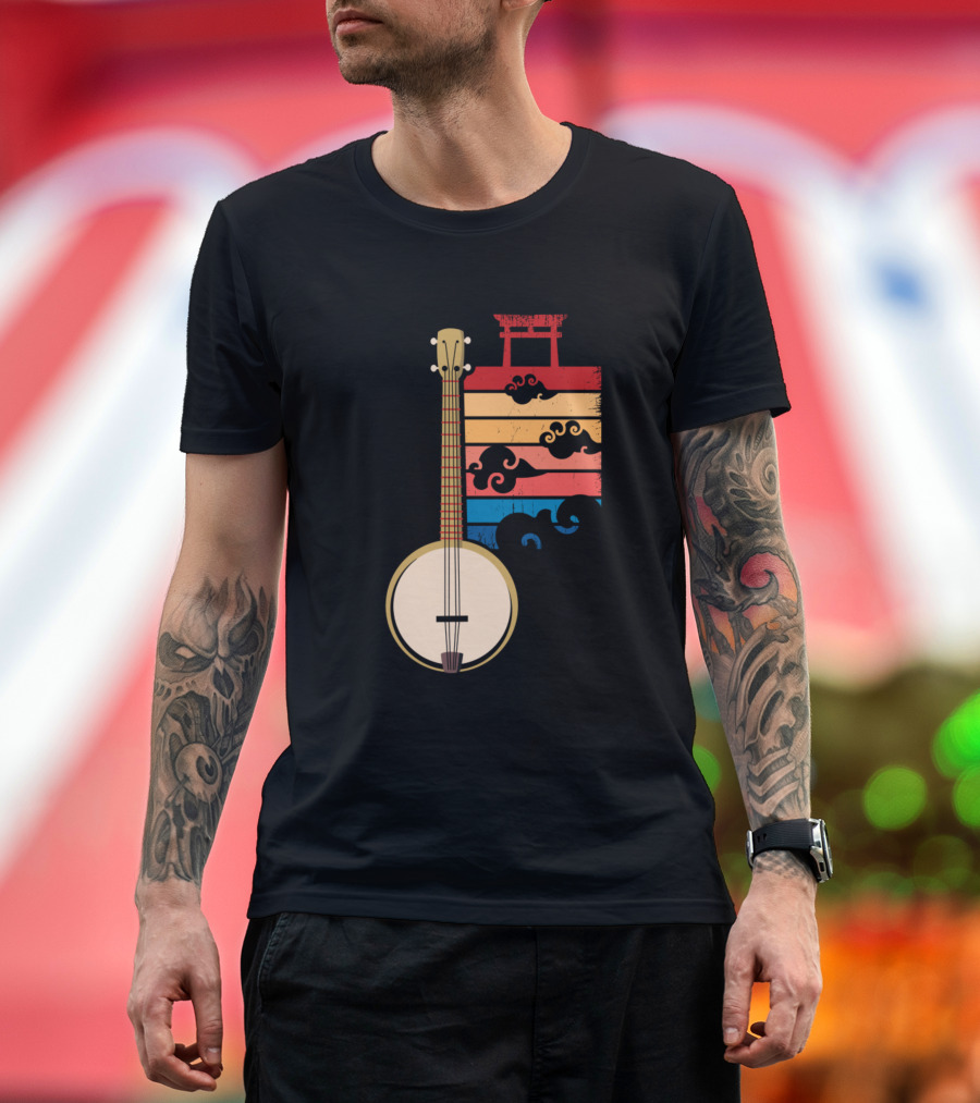Retro Banjo Surfing 80s Mountains Style with Japanese Wave Elements T-Shirt
