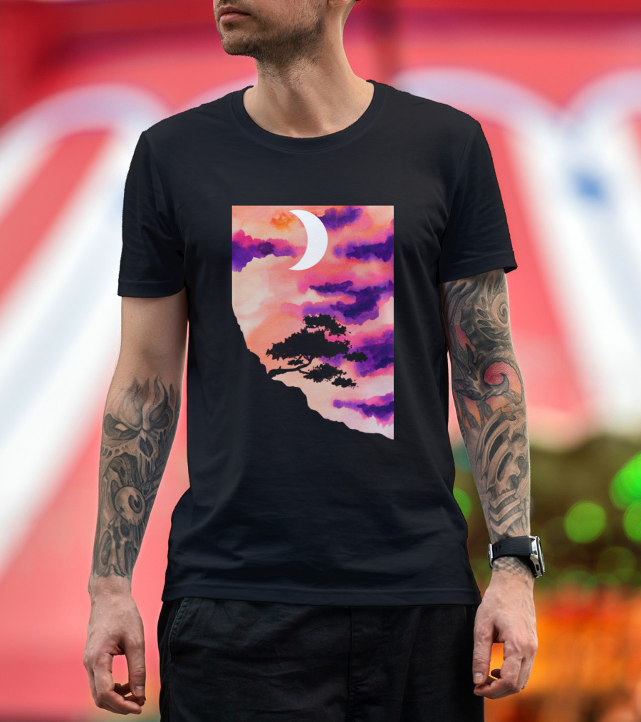 Mountain Tree Crescent Moon Sunset Clouds T-Shirt