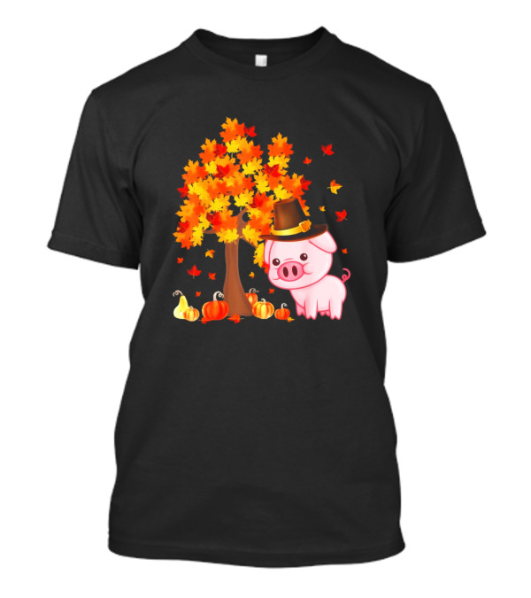 Thanksgiving Cute Pig With Maple Tree And Pumpkins For Pig Lovers T-Shirt