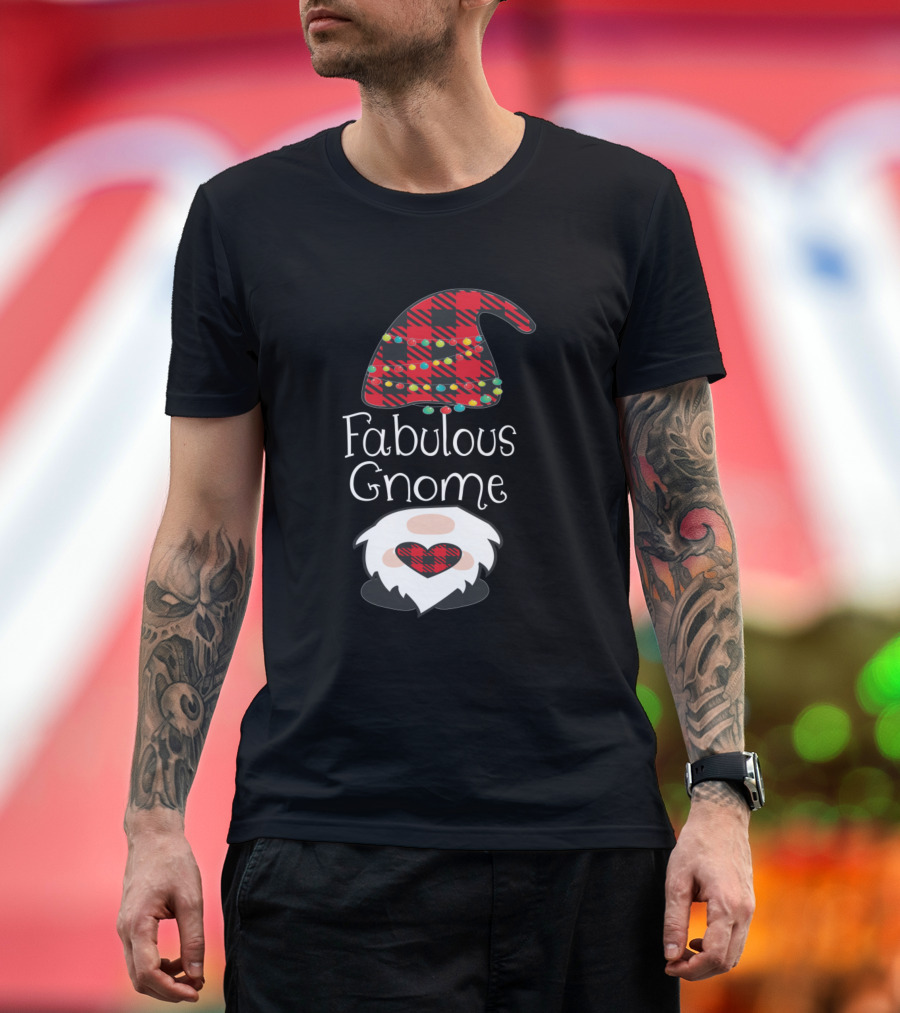 Fabulous Gnome Christmas Red Plaid Buffalo Hat with Heart Beard T-Shirt