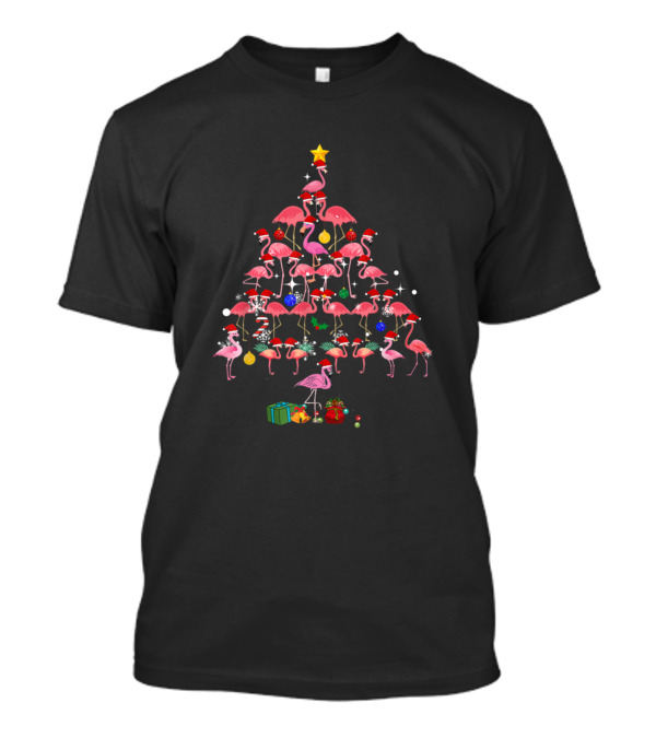 Funny Flamingo Merry Christmas Tree With Santa Hats And Presents T-Shirt