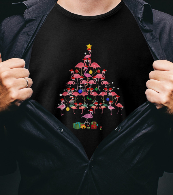 Funny Flamingo Merry Christmas Tree With Santa Hats And Presents T-Shirt