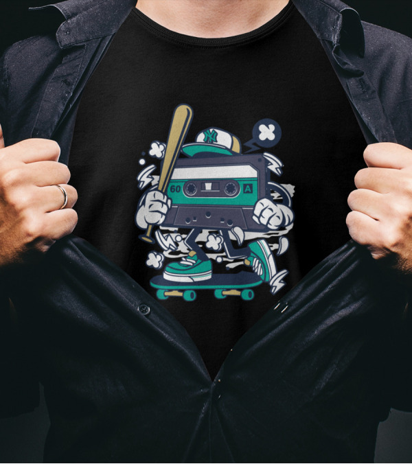 Cassette Skater With Baseball Bat And Cap On Skateboard T-Shirt