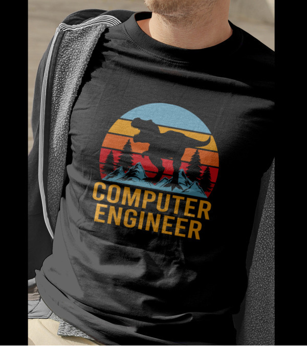 Computer Engineer Dinosaur With Mountain Sunset T-Shirt