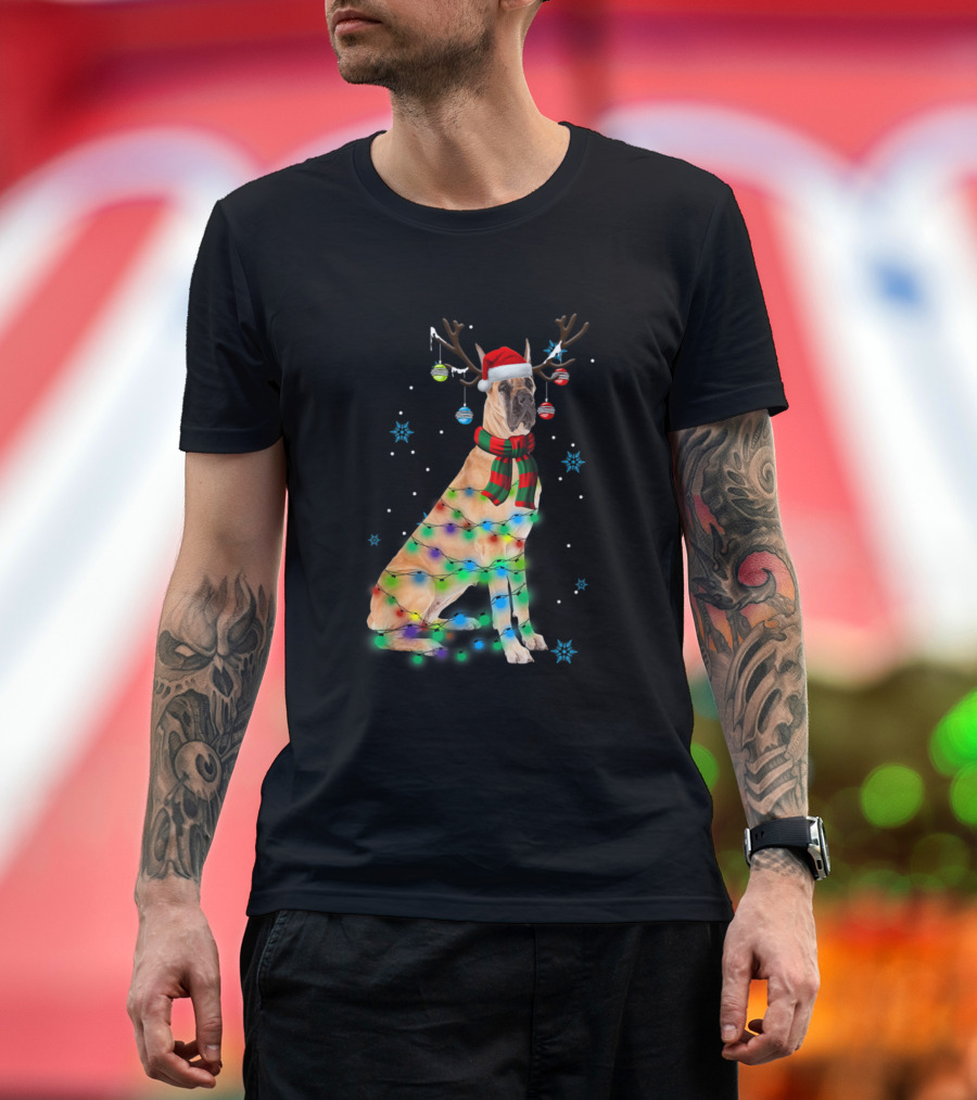 Funny Great Dane Dog Reindeer Christmas Lights and Santa Hat T-Shirt