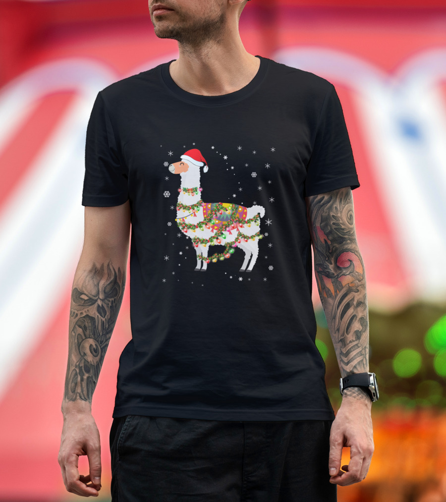 Llama Christmas Santa Hat Festive Lights Snowflakes T-Shirt