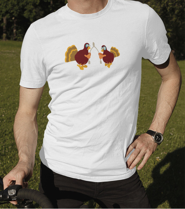 Double Turkeys Challenging Each Other In Wishbone Tug Battle T-Shirt