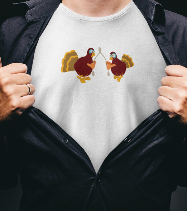 Double Turkeys Challenging Each Other In Wishbone Tug Battle T-Shirt