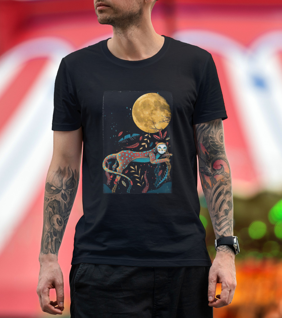 Leopard Moonlight with Leaves Under Golden Full Moon T-Shirt