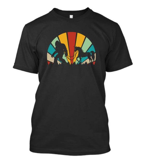 Vintage Style Bigfoot Sasquatch Leading Unicorn In Retro Sunset T-Shirt