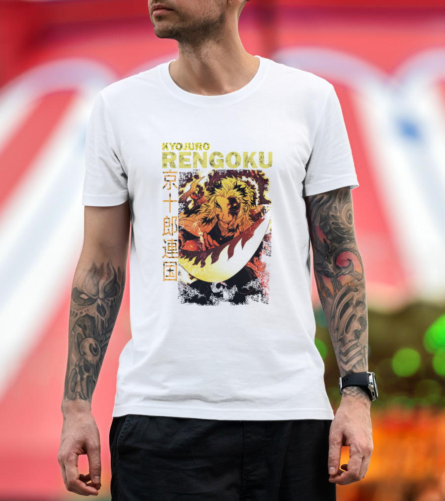Kyojuro Rengoku Fiery Sword Action Kanji Character T-Shirt