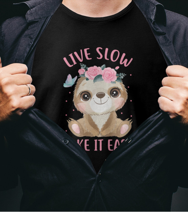 Live Slow Take It Easy Cute Sloth With Flower Crown T-Shirt