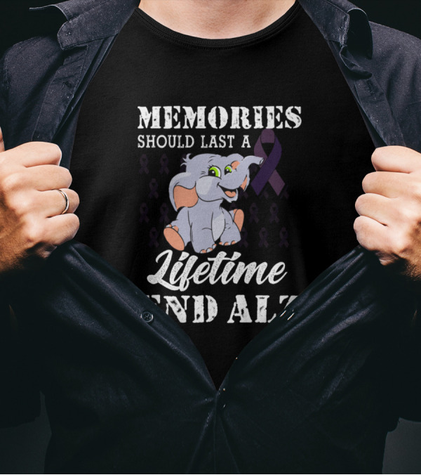 Memories Should Last A Lifetime End Alz Elephant Purple Ribbon Awareness T-Shirt