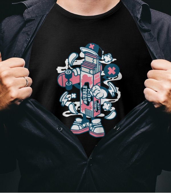 Bubble Gum Box With Skateboard And Cartoon Elements T-Shirt