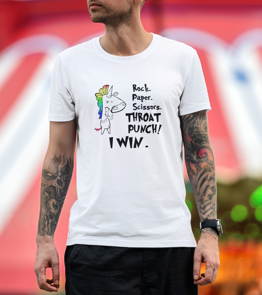 Rock Paper Scissors Throat Punch I Win Funny Unicorn T-Shirt