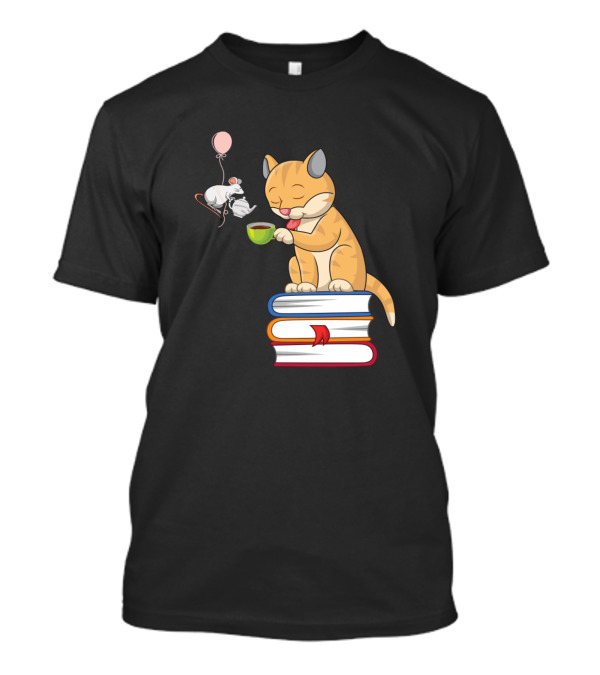 Cats Enjoying Tea On Book Stack With Mouse And Balloon T-Shirt