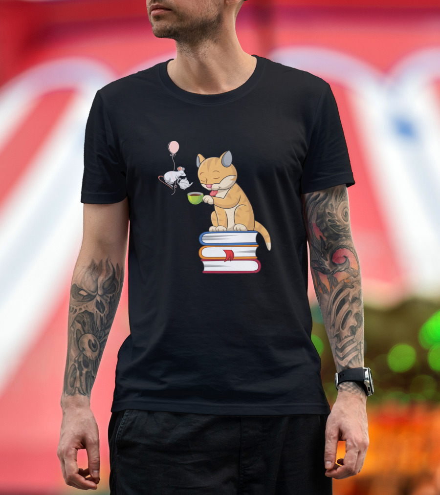 Cats Enjoying Tea on Book Stack with Mouse and Balloon T-Shirt