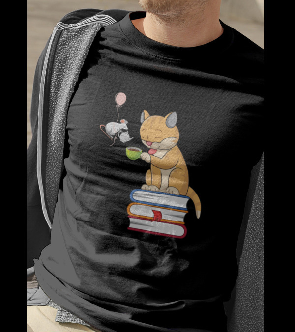 Cats Enjoying Tea On Book Stack With Mouse And Balloon T-Shirt