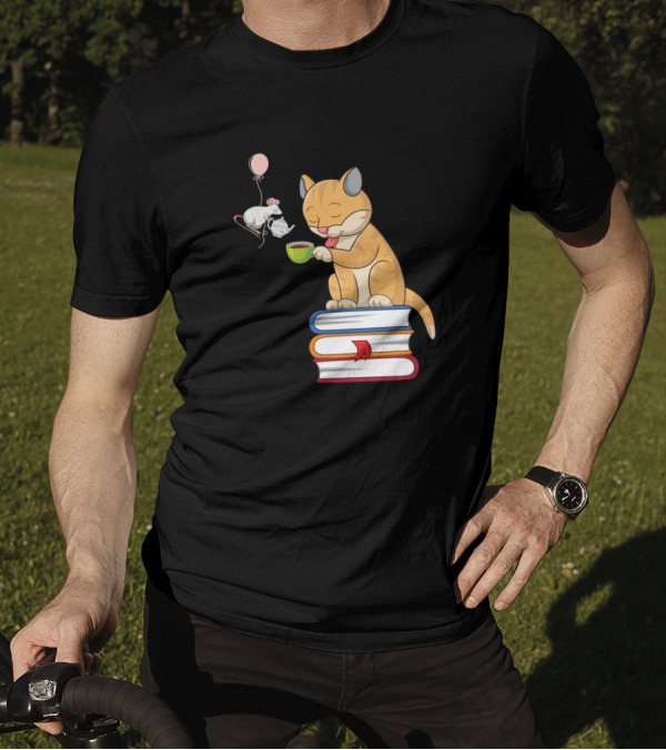 Cats Enjoying Tea On Book Stack With Mouse And Balloon T-Shirt