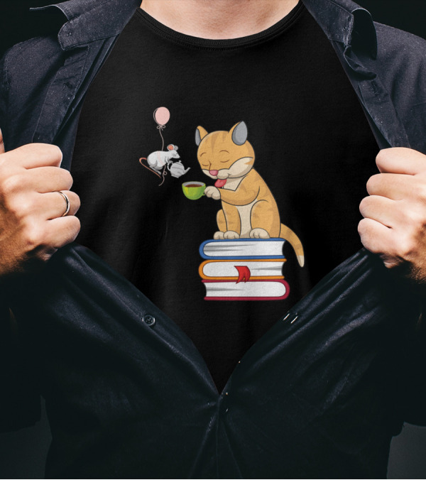 Cats Enjoying Tea On Book Stack With Mouse And Balloon T-Shirt