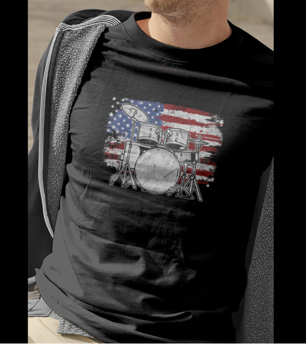 Drummer Drum Set American Flag USA 4th Of July Independence Day T-Shirt