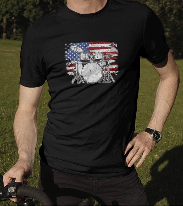 Drummer Drum Set American Flag USA 4th Of July Independence Day T-Shirt
