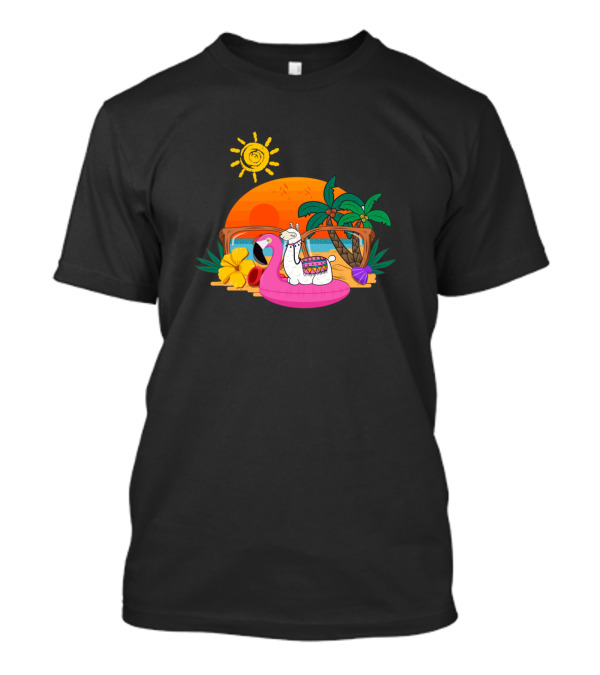 Funny Llama On Flamingo Float Tropical Summer Vacation Beach Scene T-Shirt