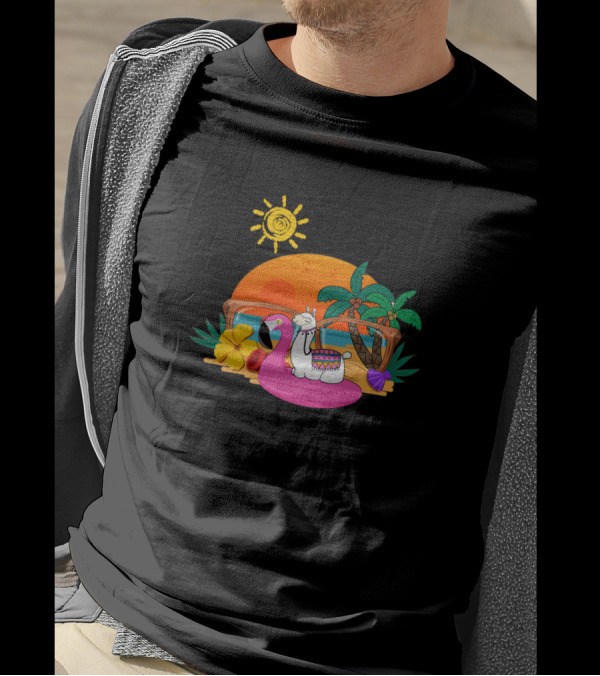 Funny Llama On Flamingo Float Tropical Summer Vacation Beach Scene T-Shirt