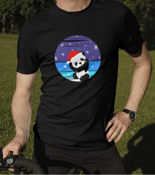 A Cute Little Panda With A Christmas Cap And Snowflakes T-Shirt