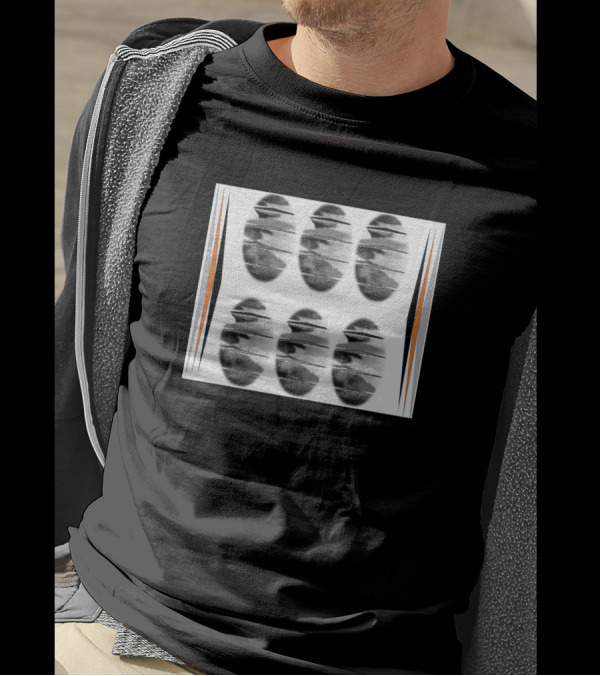 Abash Terra Roubas Repeated Abstract Oval Pattern With Black And Orange Accents T-Shirt