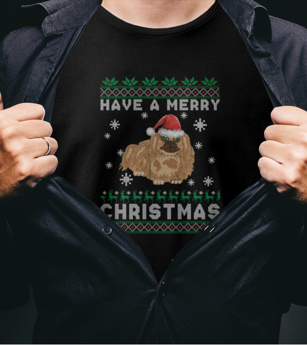 Have A Merry Christmas Pekingese With Santa Hat And Snowflakes T-Shirt