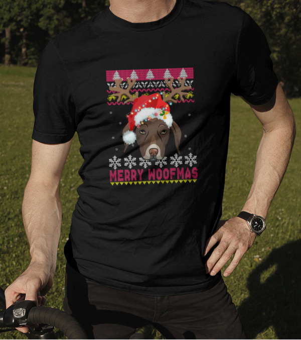 Merry Woofmas German Shorthaired Pointer Santa Hat Festive Knit T-Shirt