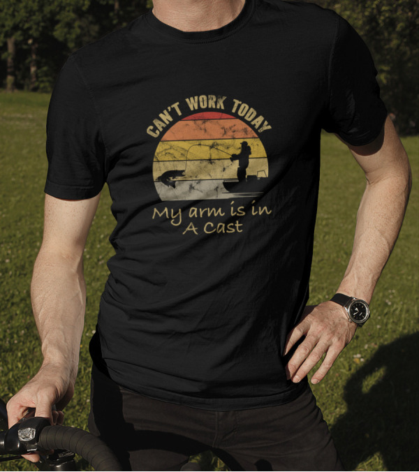 Can't Work Today My Arm Is In A Cast Fishing Boat Silhouette Retro Sunset T-Shirt
