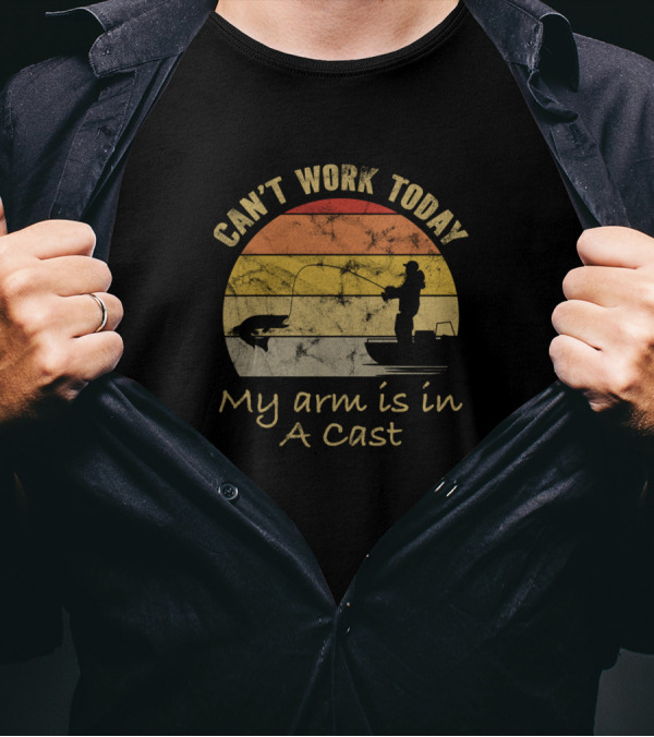 Can't Work Today My Arm Is In A Cast Fishing Boat Silhouette Retro Sunset T-Shirt