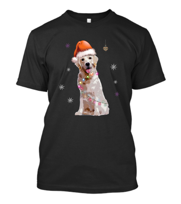 Santa Hat Dog With Christmas Lights And Snowflakes T-Shirt
