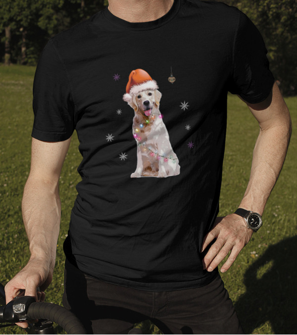 Santa Hat Dog With Christmas Lights And Snowflakes T-Shirt