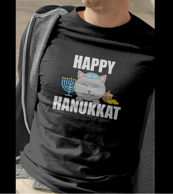 Happy Hanukkat Cat With Menorah And Dreidel T-Shirt
