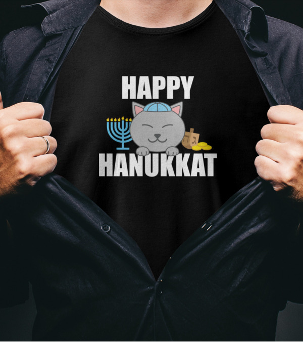 Happy Hanukkat Cat With Menorah And Dreidel T-Shirt