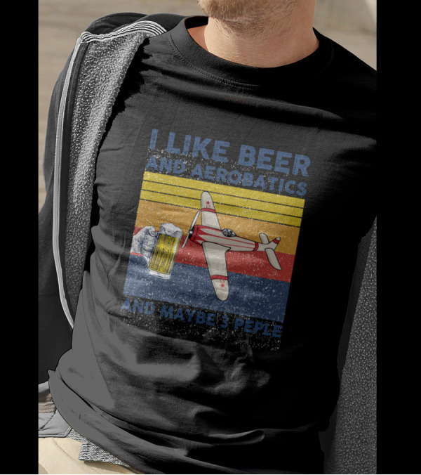 I Like Beer Aerobatics Maybe 3 Peple Vintage Airplane Beer Mug Retro Stripes T-Shirt