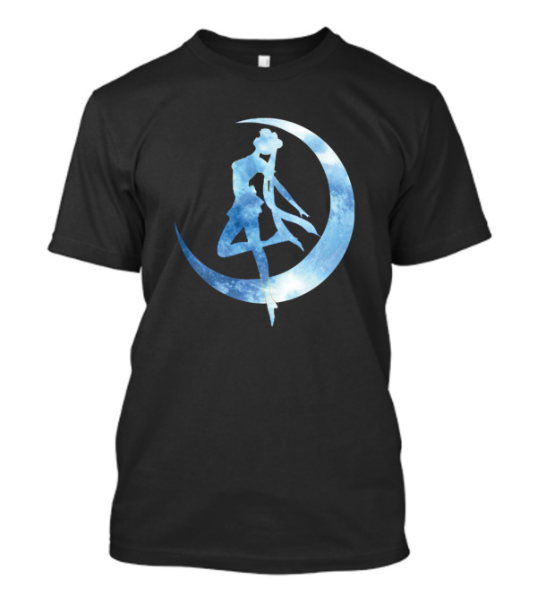 Sailor Moon Silhouette Sitting On Blue Crescent Moon T-Shirt