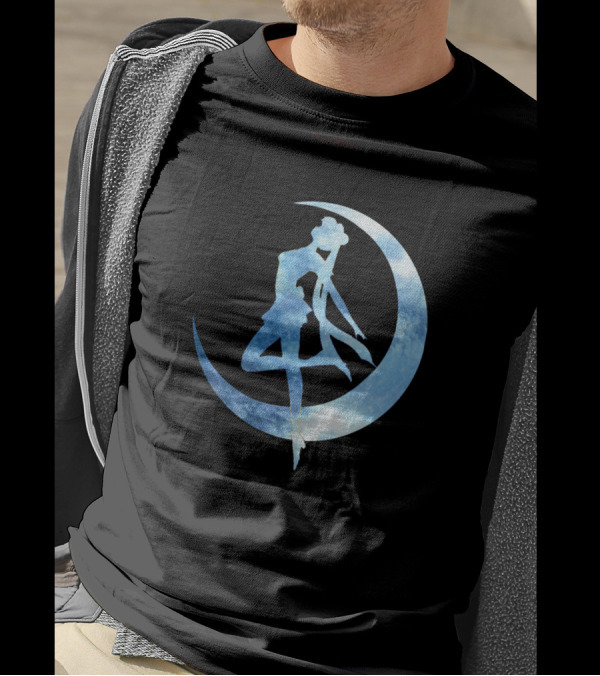 Sailor Moon Silhouette Sitting On Blue Crescent Moon T-Shirt