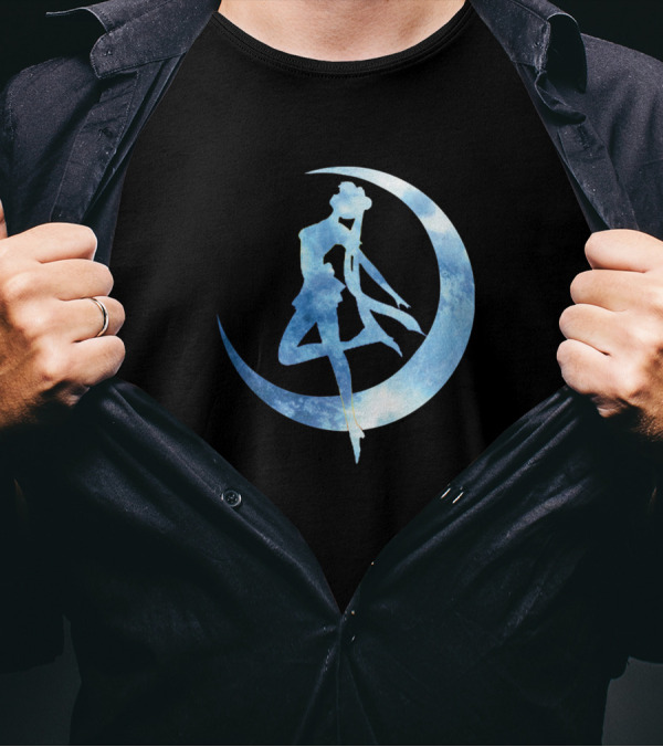 Sailor Moon Silhouette Sitting On Blue Crescent Moon T-Shirt