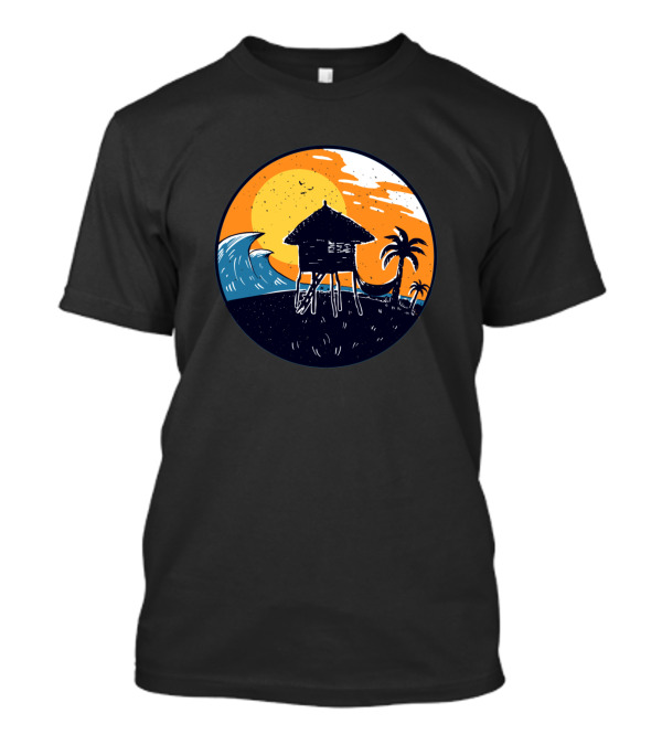 Nipa Hut Sunset By The Beach With Palms And Waves T-Shirt