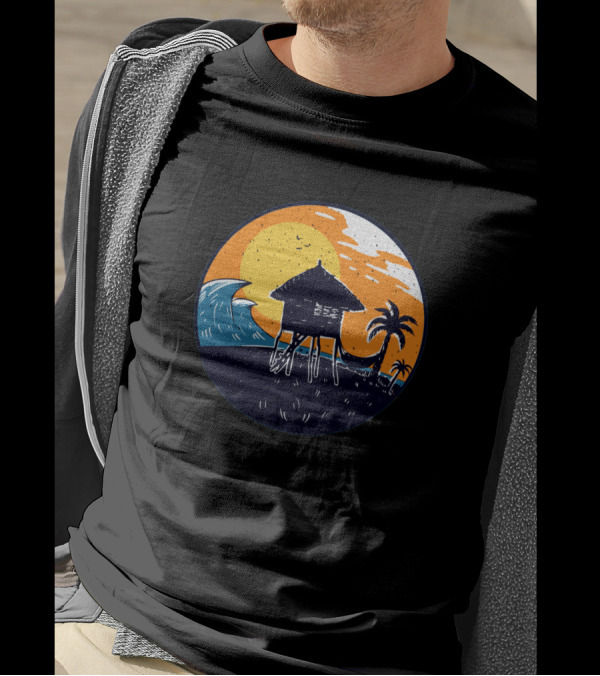 Nipa Hut Sunset By The Beach With Palms And Waves T-Shirt