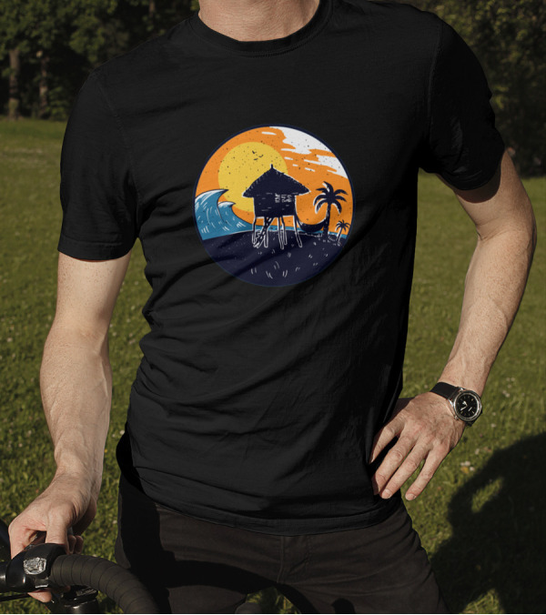 Nipa Hut Sunset By The Beach With Palms And Waves T-Shirt